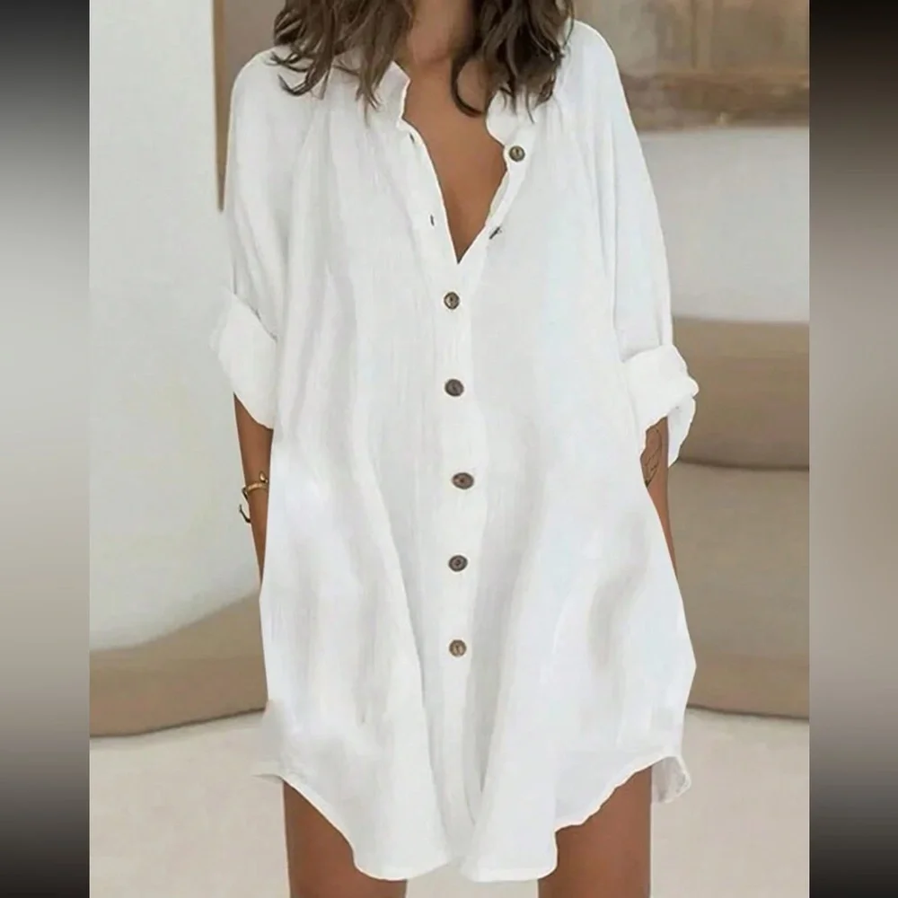 Plus Size Classic Elegant Roll Up Button Down Shirt Dress Black - Picture 5 of 9